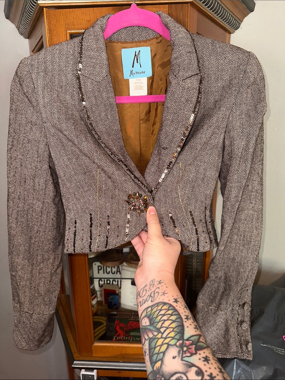 Marciano Brown Herringbone Cropped Blazer with Beaded Trim